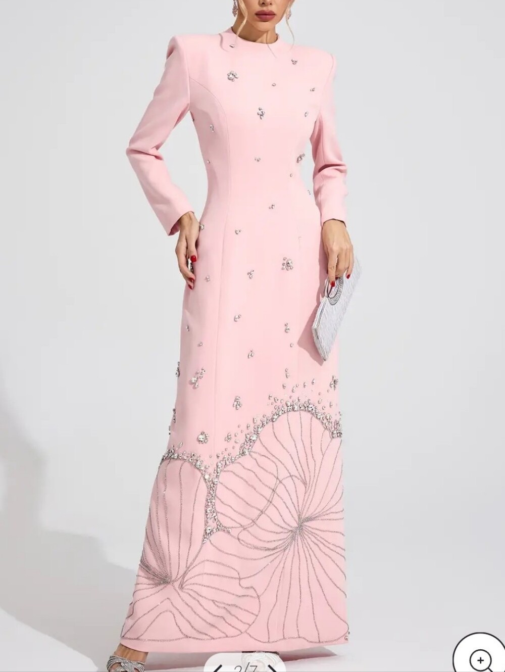 Pink Long Sleeve Gown With Diamond Encrusted Beading